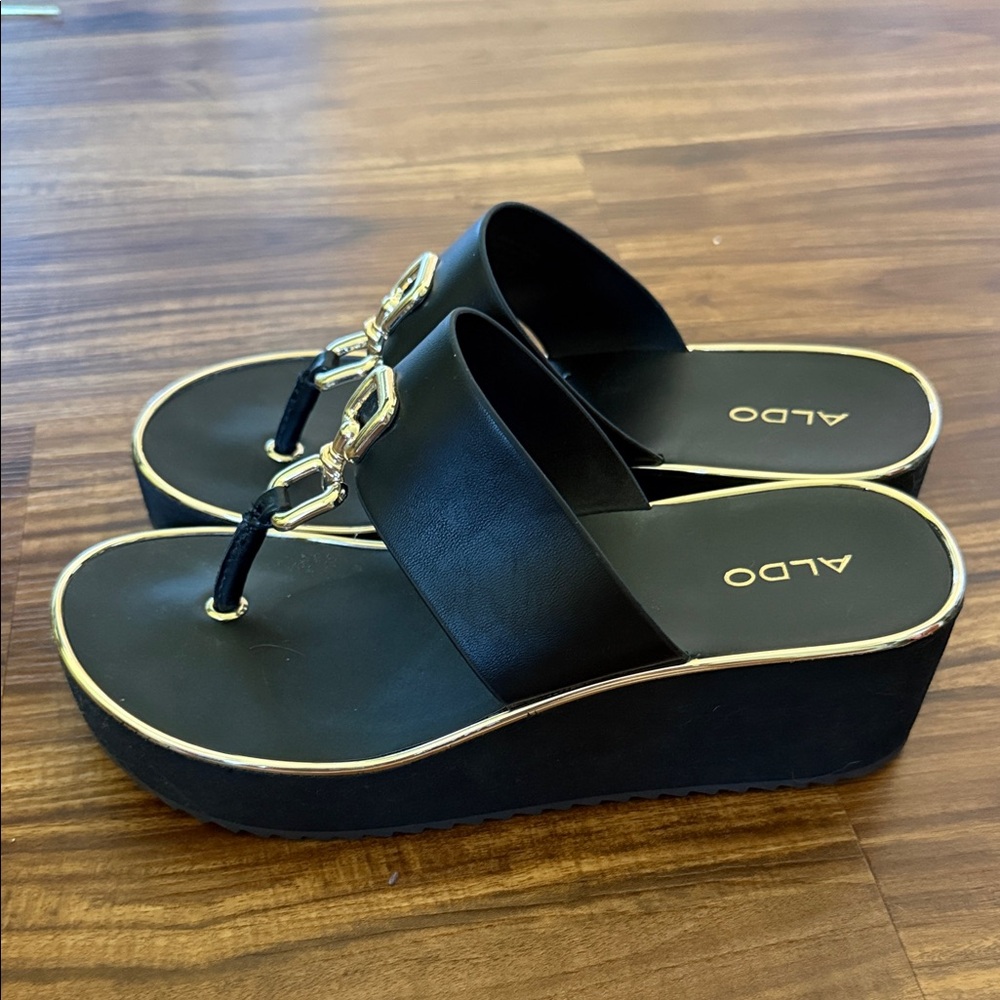 ALDO Black Platform Sandals with Gold Accents